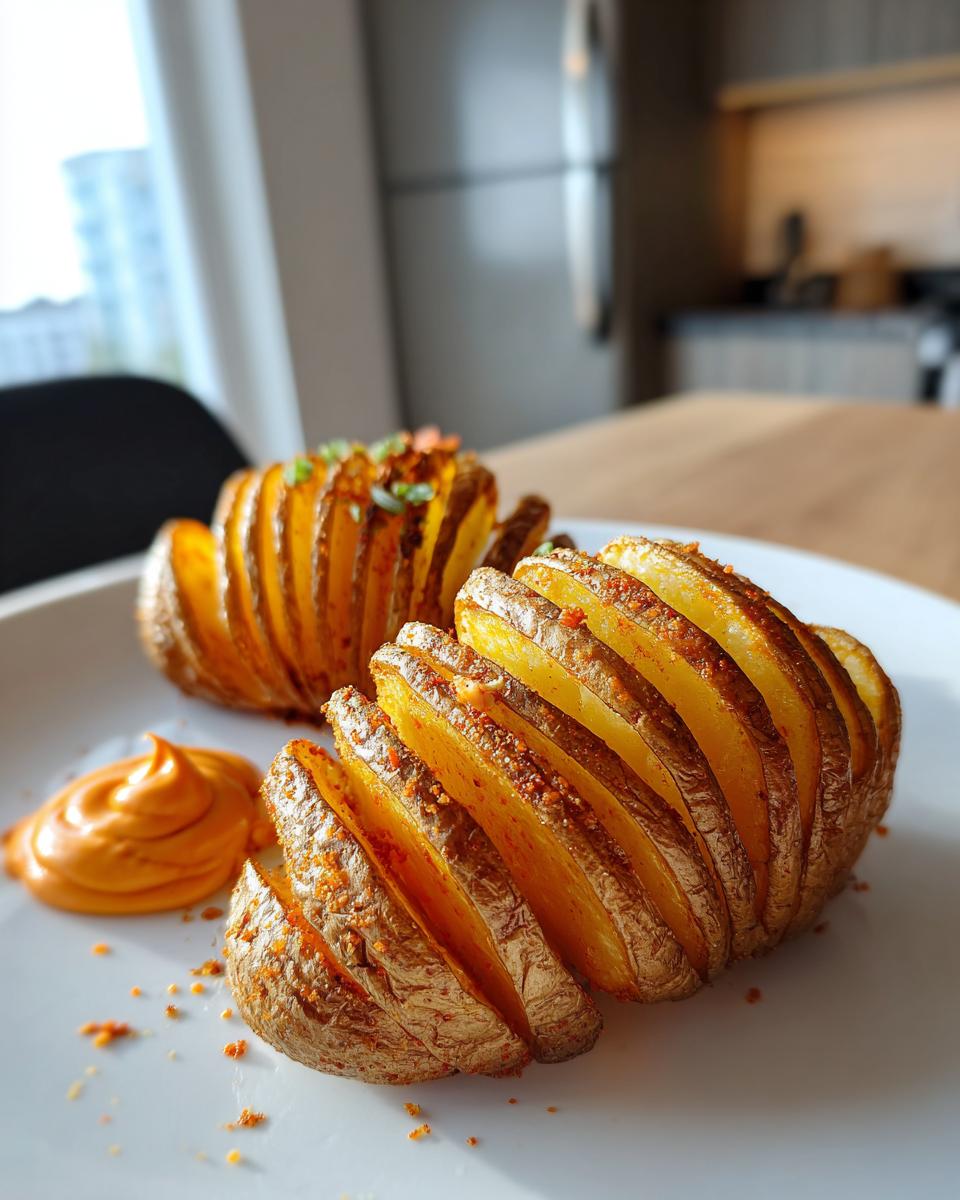 Two perfectly cooked Mini Hasselback Potatoes seasoned with spices, served with a dollop of orange Vegan Cajun Mayo.