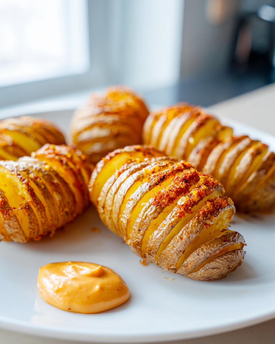 Close-up of crispy Mini Hasselback Potatoes served with a dollop of orange Vegan Cajun Mayo on a white plate.