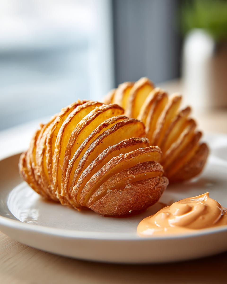 Two crispy Mini Hasselback Potatoes served on a white plate next to a dollop of orange Vegan Cajun Mayo.