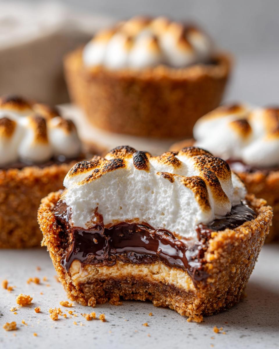 A close-up shot of a Mini Smores Pies with a bite taken out, showing graham cracker crust, chocolate, and toasted marshmallow topping.