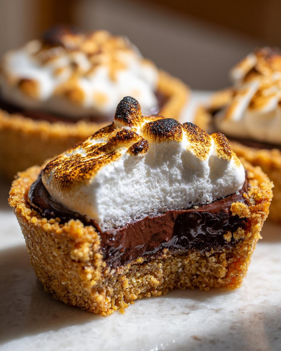 Close-up of a Mini Smores Pie with a bite taken out, showing graham cracker crust, chocolate filling, and toasted marshmallow topping.