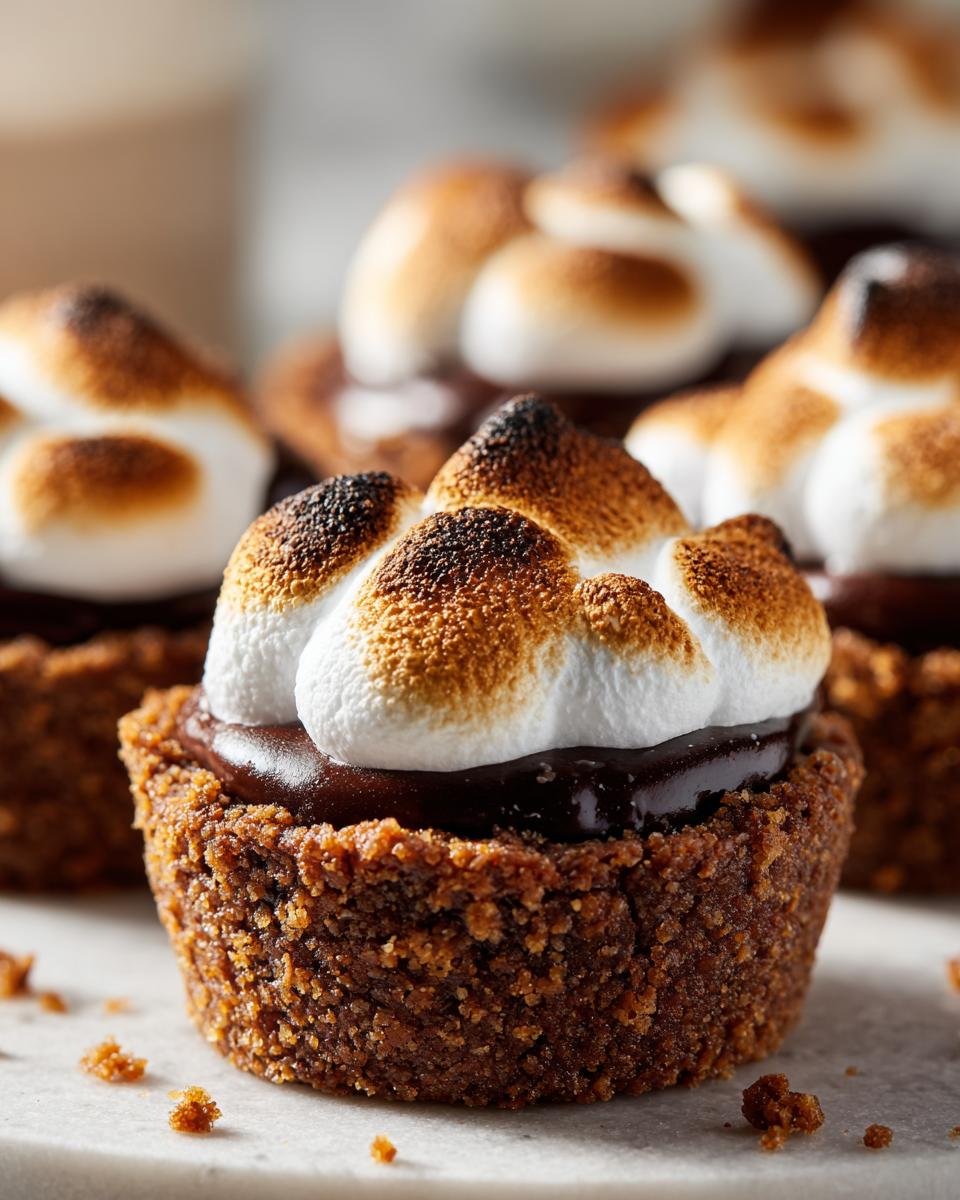 A close-up of one of the amazing Mini Smores Pies, featuring a graham cracker crust, chocolate filling, and toasted marshmallow topping.