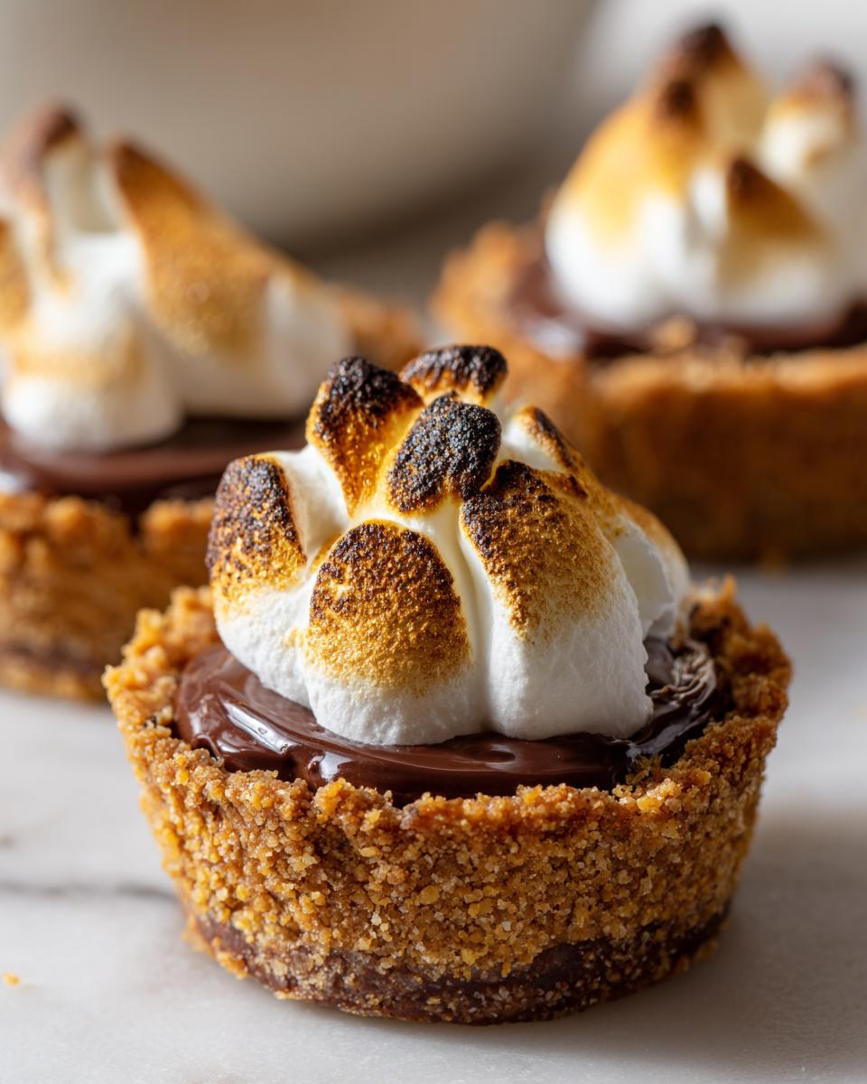 A close-up of one of the Mini Smores Pies featuring a graham cracker crust, chocolate filling, and toasted marshmallow topping.