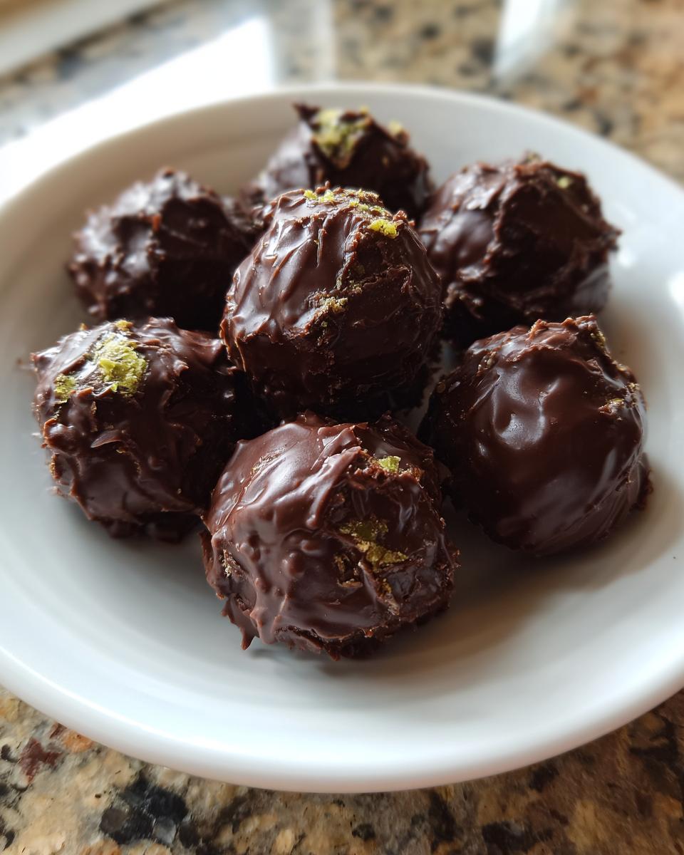 A cluster of rich, dark chocolate-covered Mint Oreo Truffles topped with green zest on a small white plate.