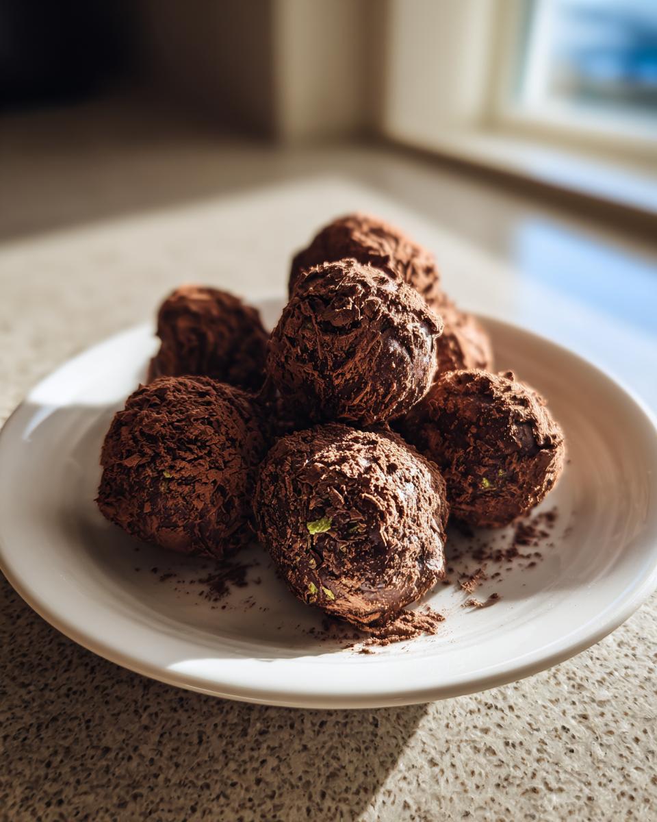 A pile of dark chocolate-covered Mint Oreo Truffles dusted with cocoa powder on a white plate.