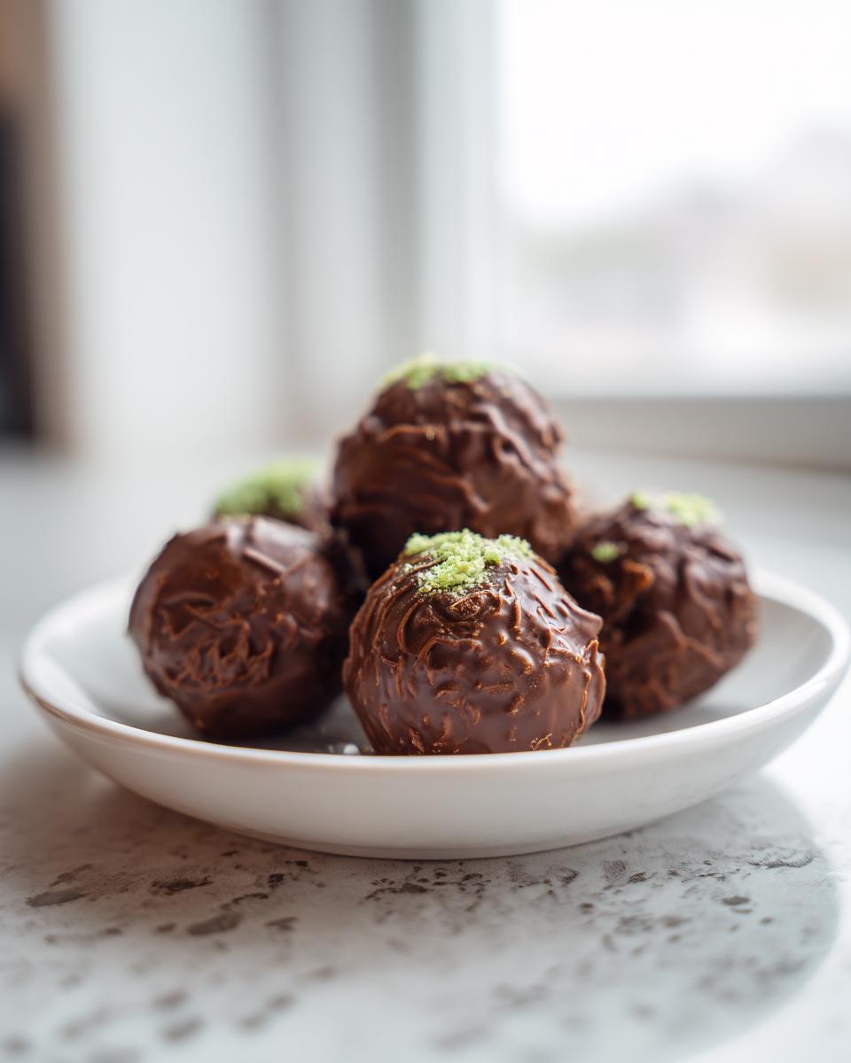 A small white plate holds several rich, chocolate-covered Mint Oreo Truffles topped with bright green sprinkles.