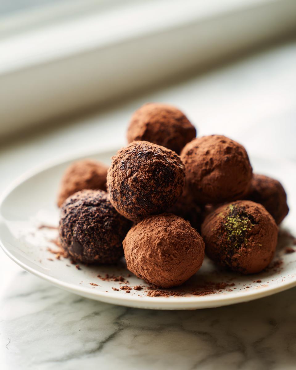 A pile of rich Mint Oreo Truffles dusted heavily in cocoa powder on a white plate.