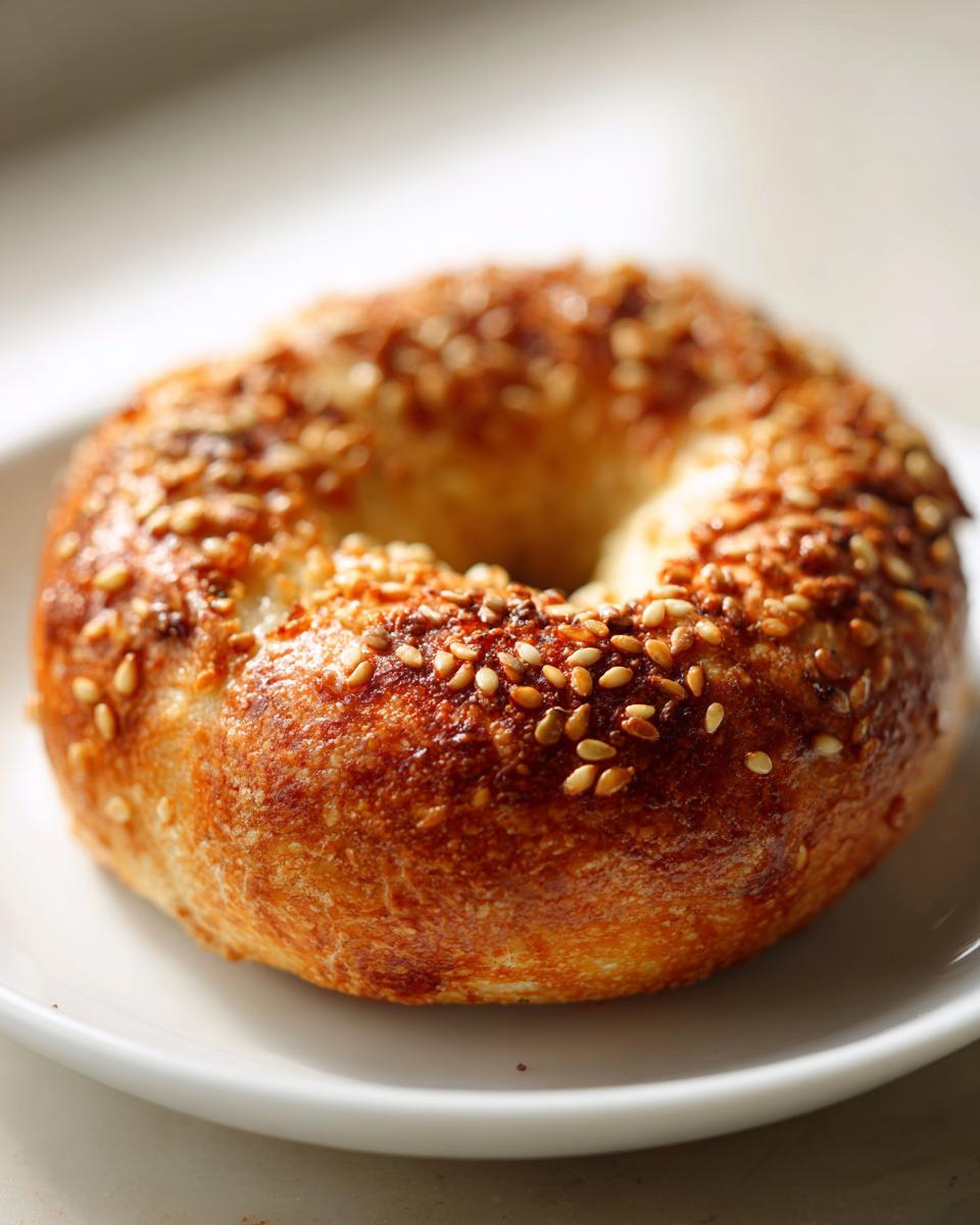 A close-up photo of a perfectly baked, sesame-seed-topped Monster Bagel resting on a white plate.