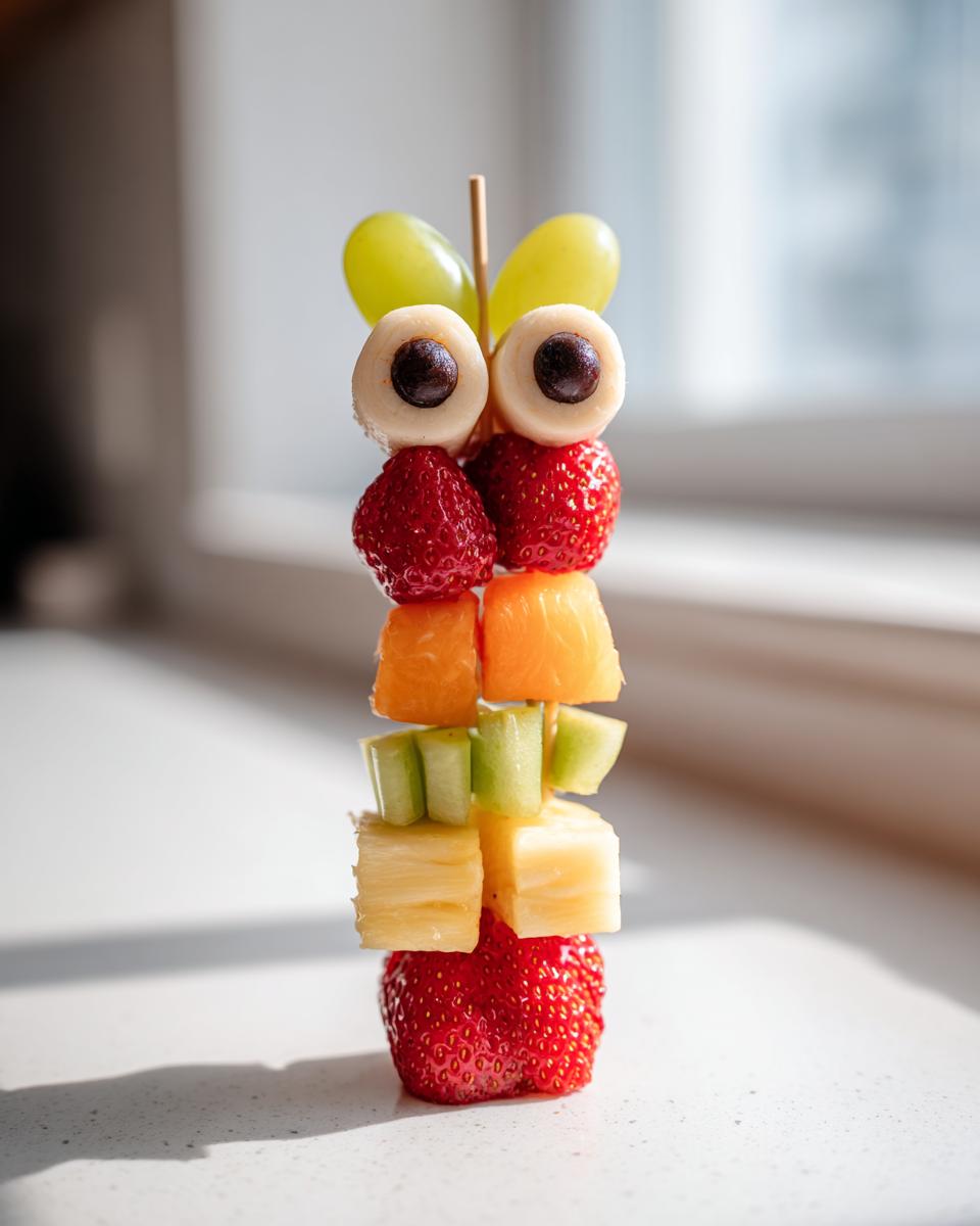 A fun Monster Fruit Skewers design featuring fruit stacked on a stick, including grapes, lychees for eyes, strawberries, and pineapple.