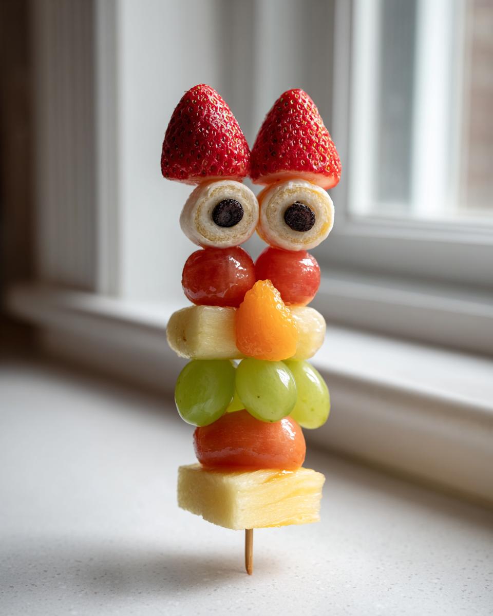 A colorful Monster Fruit Skewers creation featuring strawberries, fruit slices resembling eyes, grapes, and pineapple.