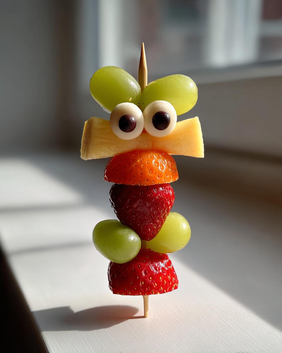 A fun Monster Fruit Skewers creation using grapes, cheese, strawberries, and candy eyes.