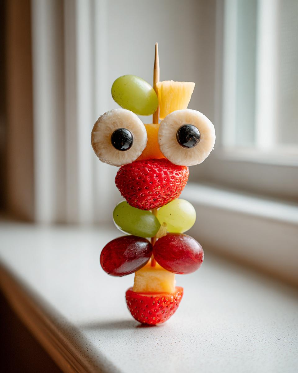 A single Monster Fruit Skewers creation featuring pineapple eyes, strawberry body, and grapes, standing upright.