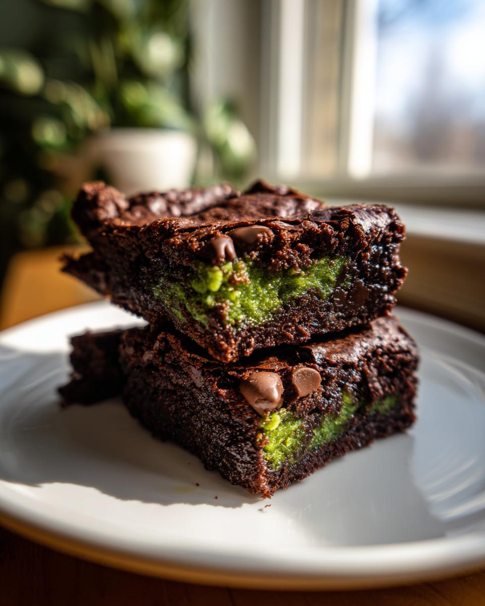Two stacked, fudgy Monster Mash Brownies showing a bright green center layer and chocolate chips.