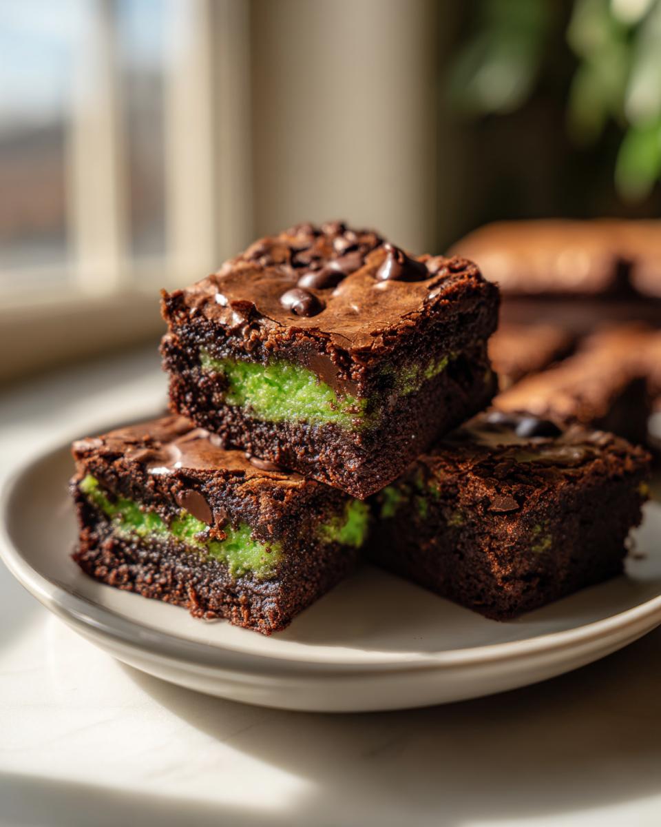Three fudgy Monster Mash Brownies stacked on a plate, showing a bright green filling layer.