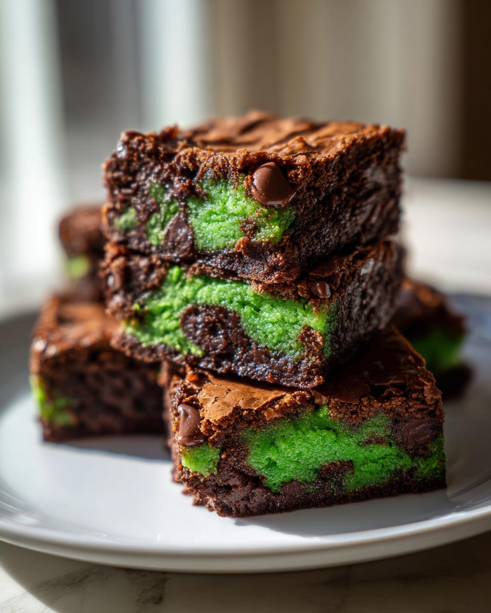 A stack of three fudgy Monster Mash Brownies showing the vibrant green swirl layer and chocolate chips.