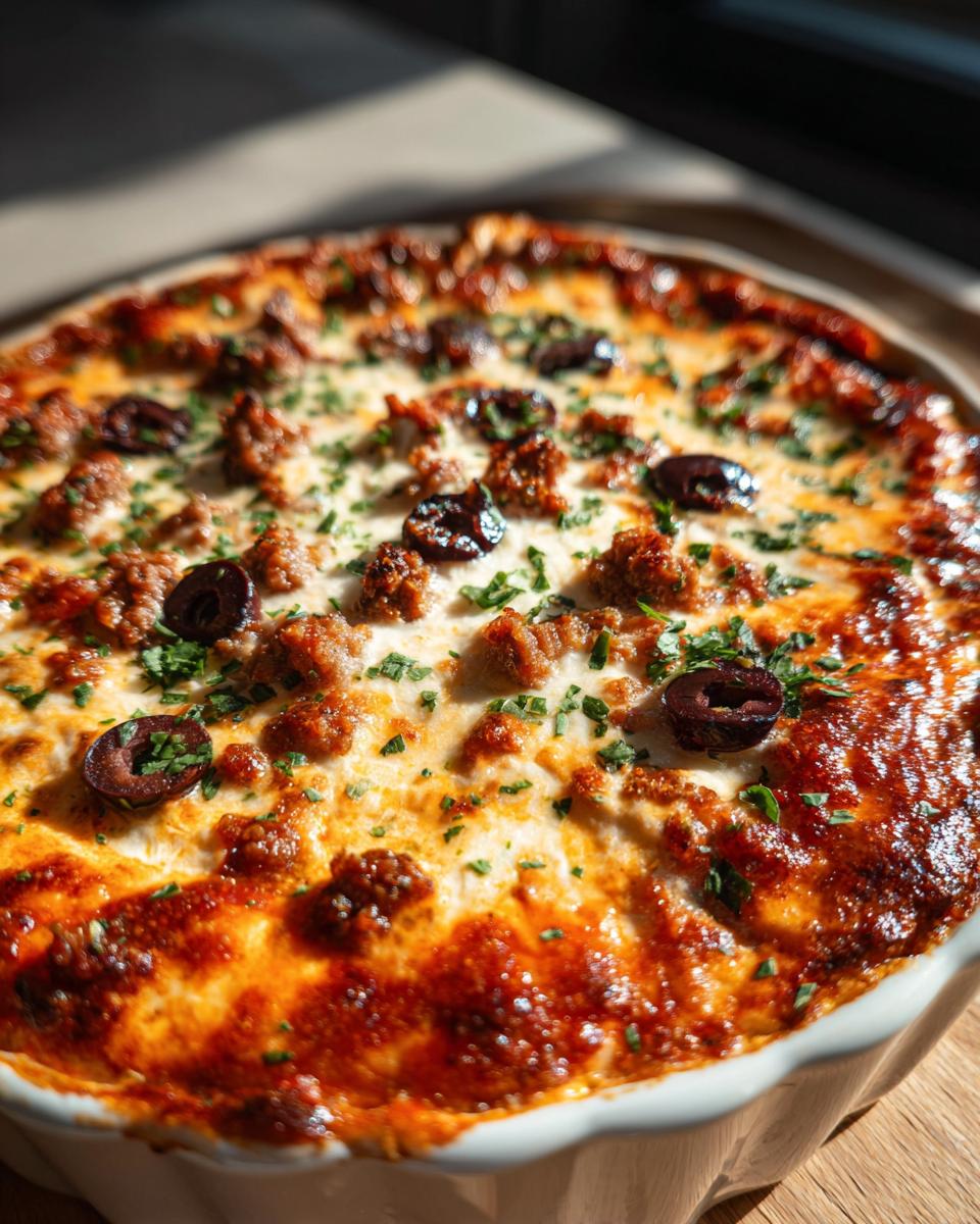 Close-up of a bubbling, baked Monster Mash Pizza Dip topped with sausage crumbles, black olives, and parsley.