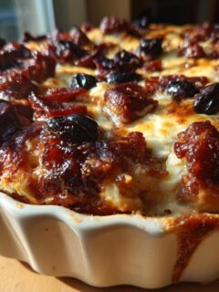 Close-up of a bubbling, baked Monster Mash Pizza Dip with caramelized toppings in a white fluted baking dish.