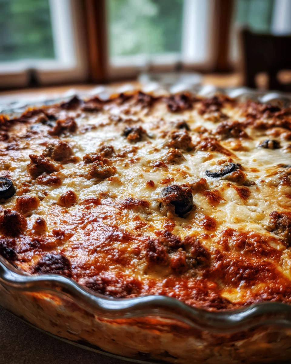 Close-up of bubbling, cheesy Monster Mash Pizza Dip topped with sausage and olives in a clear glass baking dish.