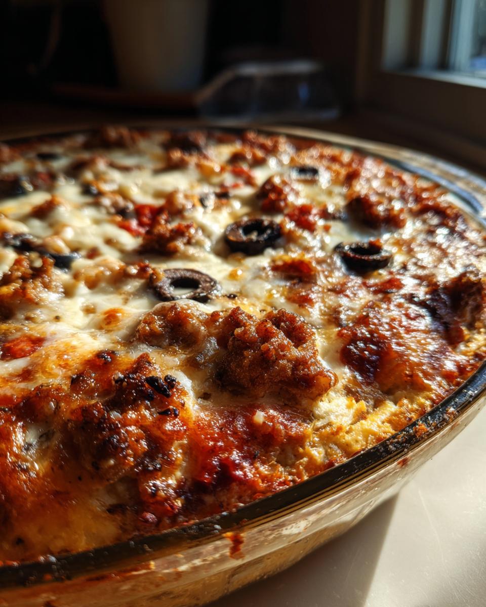 Close-up of a bubbly, baked Monster Mash Pizza Dip topped with melted cheese, sausage, and black olives in a glass dish.
