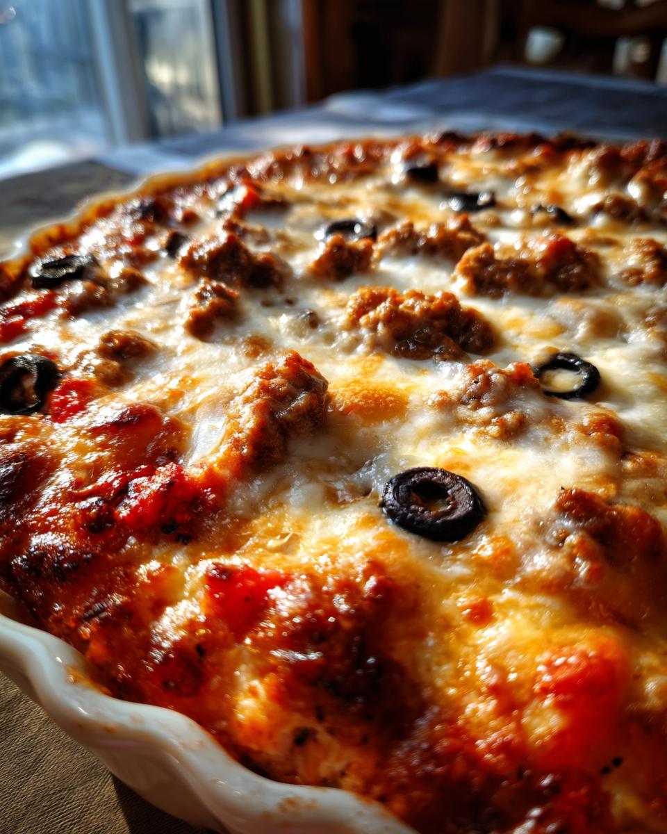 Close-up of a bubbling Monster Mash Pizza Dip topped with melted cheese, sausage crumbles, and black olive slices.
