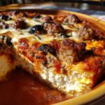 A slice removed from the Monster Mash Pizza Dip, showing the creamy white cheese layer topped with sauce, meatballs, and olives.