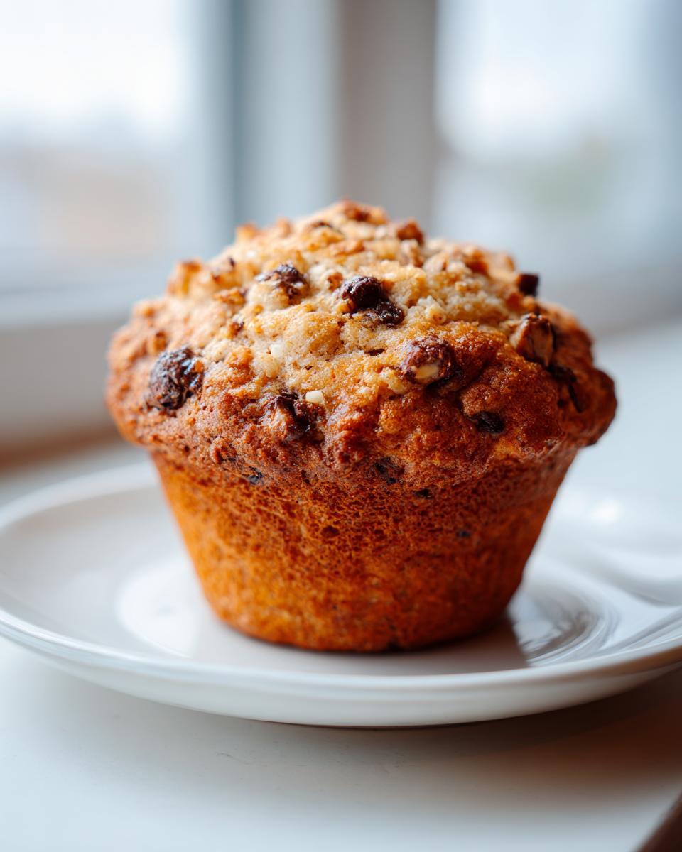 A single, large, golden-brown Monster Muffin with visible chocolate chips and streusel topping, resting on a white plate.