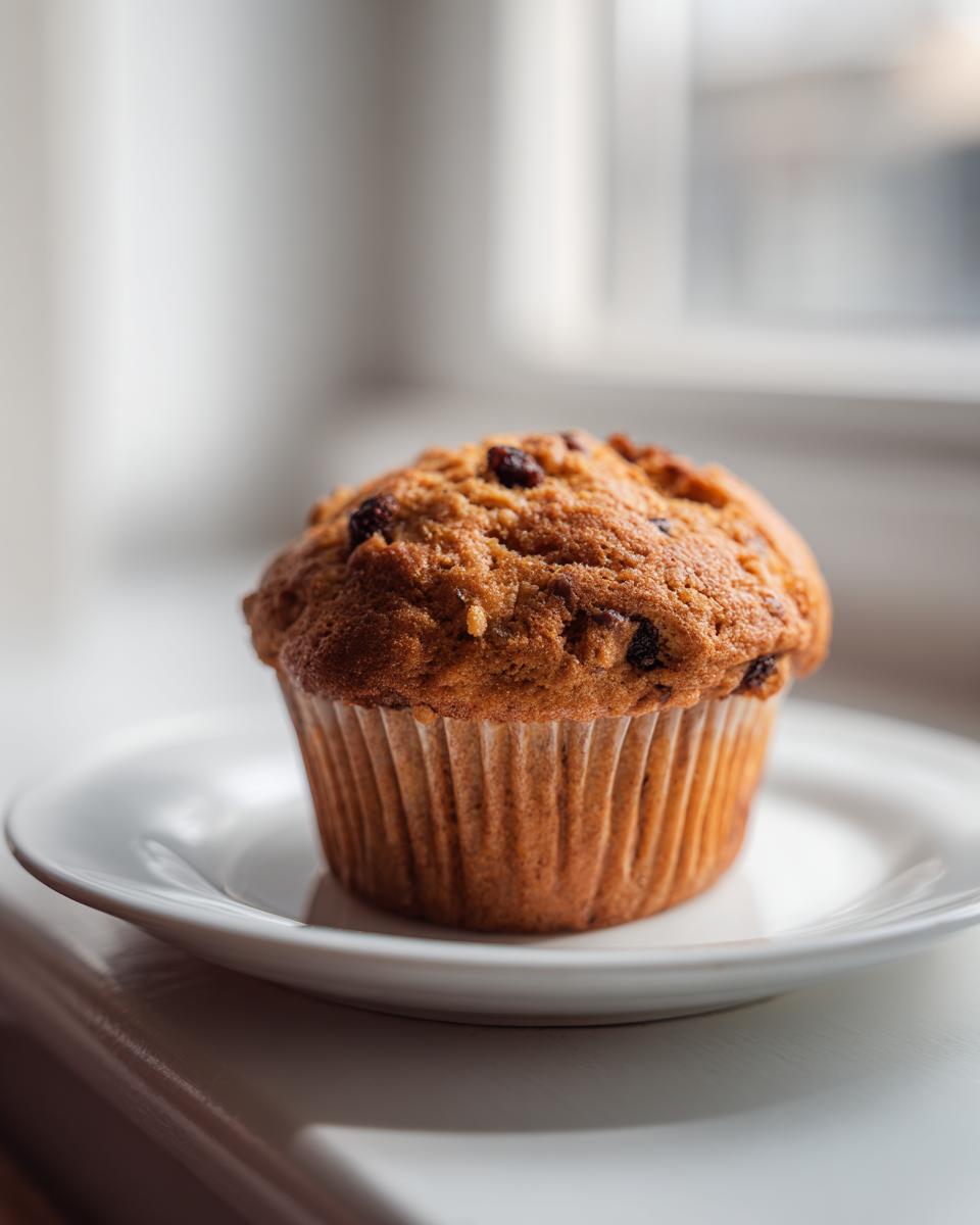 A single, large, golden-brown Monster Muffin studded with dark raisins sits on a small white plate near a bright window.