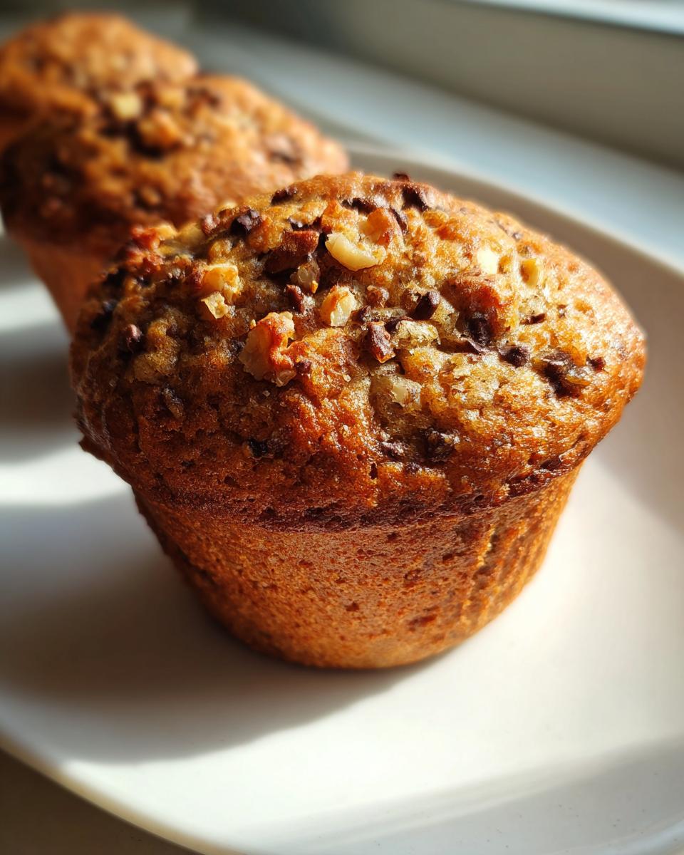 A close-up, sunlit shot of one of the huge Monster Muffins, featuring a golden-brown top sprinkled with chocolate chips and walnuts.