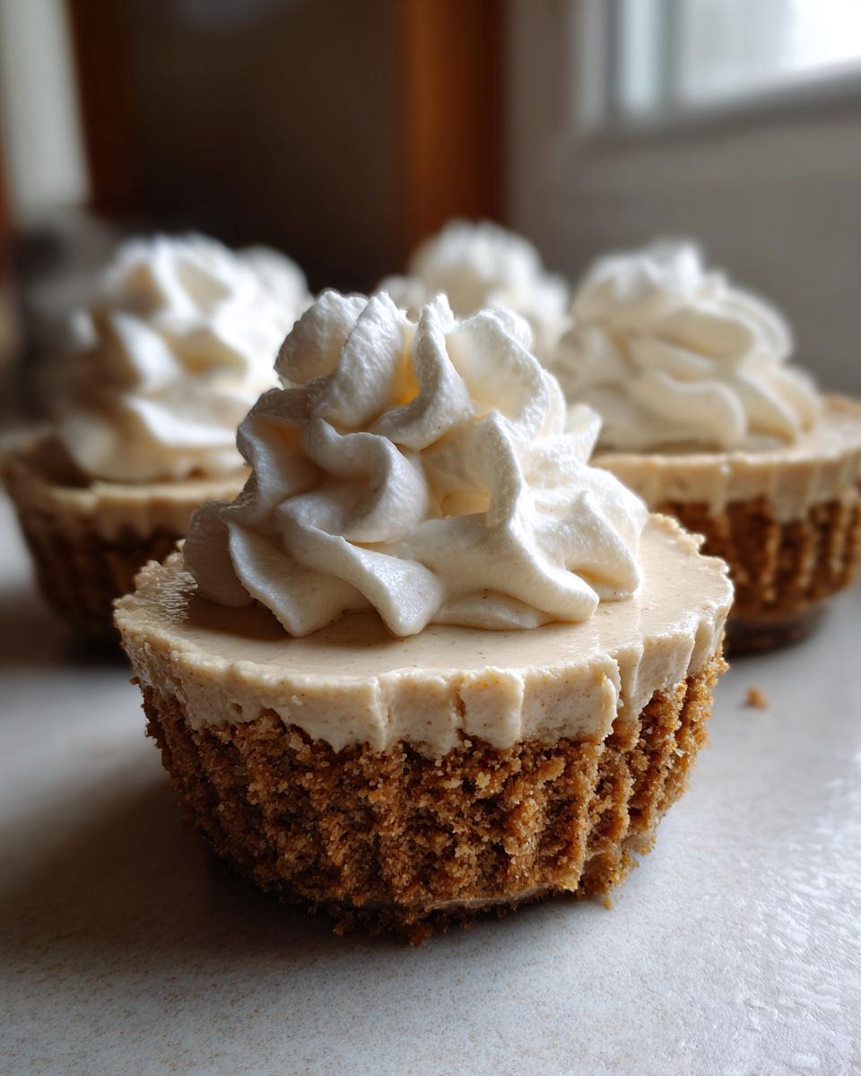 A close-up of one No Bake Gingerbread Cheesecake Cup topped with a swirl of whipped cream.