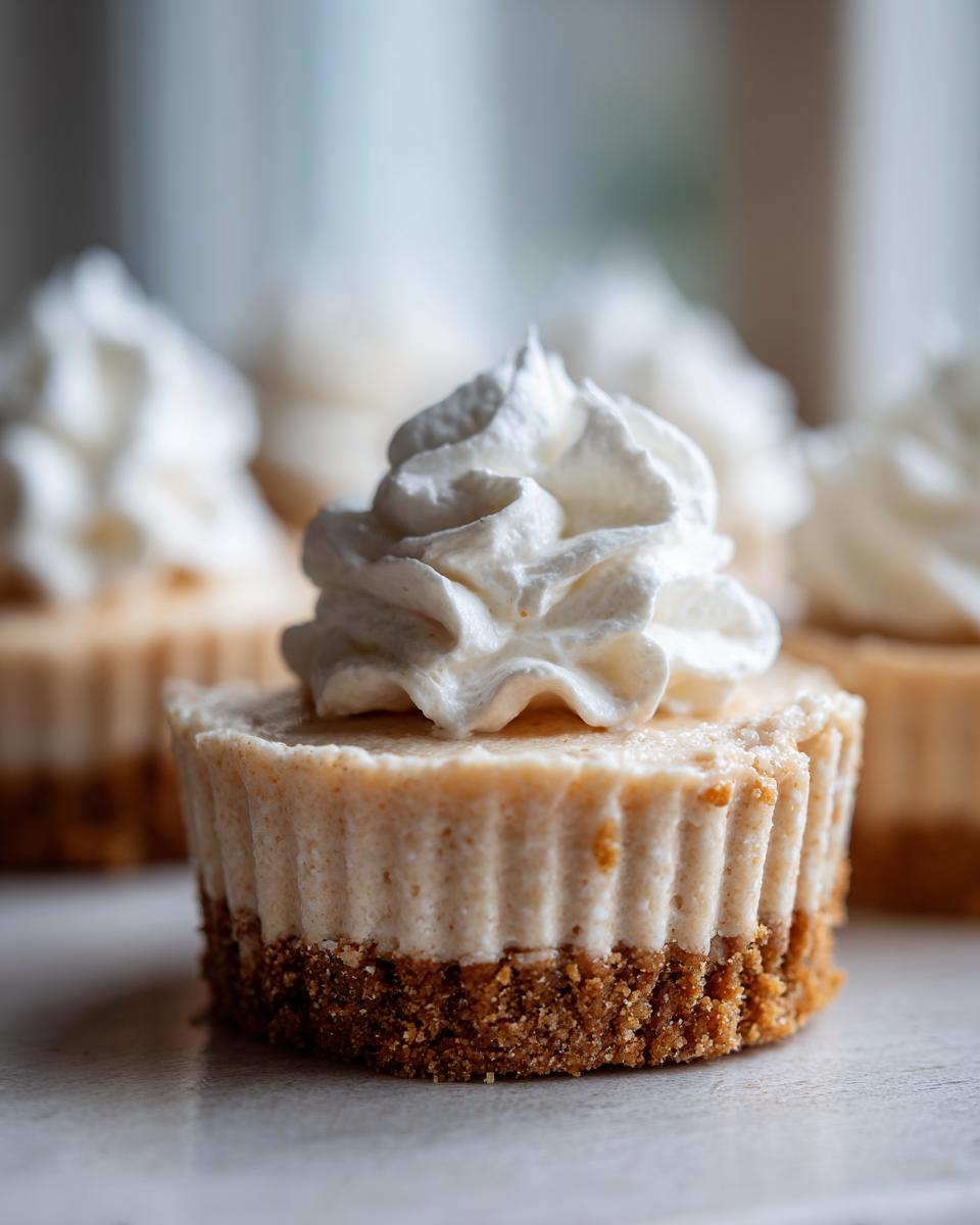 A close-up of one No Bake Gingerbread Cheesecake Cups featuring a graham cracker crust and topped with a swirl of whipped cream.