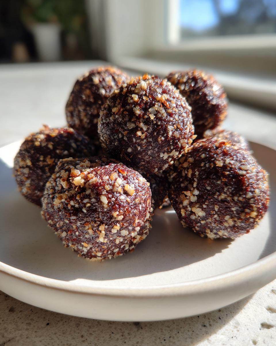 A small pile of rich, dark No Bake Pecan Pie Balls coated in finely chopped pecans on a light plate.