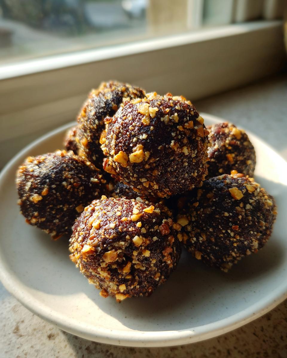 A pile of dark, round No Bake Pecan Pie Balls coated in chopped nuts, resting on a light plate near a window.