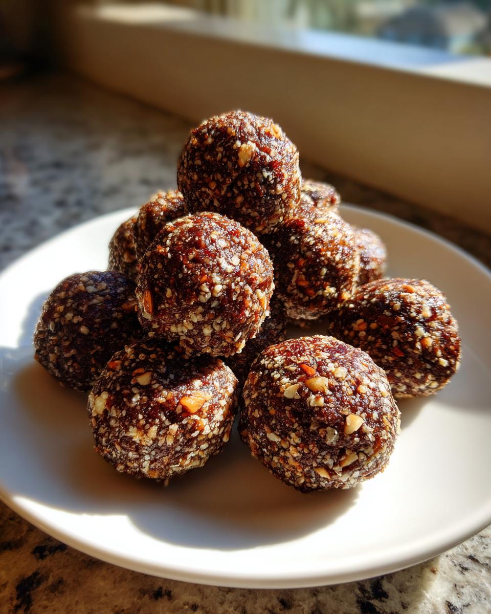 A stack of rich, dark No Bake Pecan Pie Balls coated in chopped nuts, sitting on a white plate in bright sunlight.