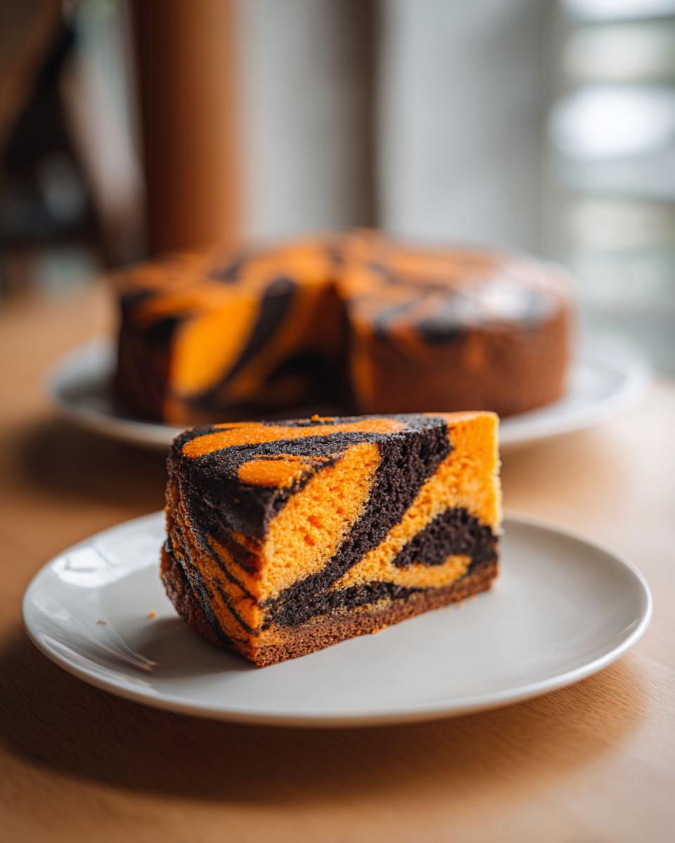 A slice of Orange And Black Halloween Marble Cake showing vibrant orange and dark chocolate swirls on a white plate.