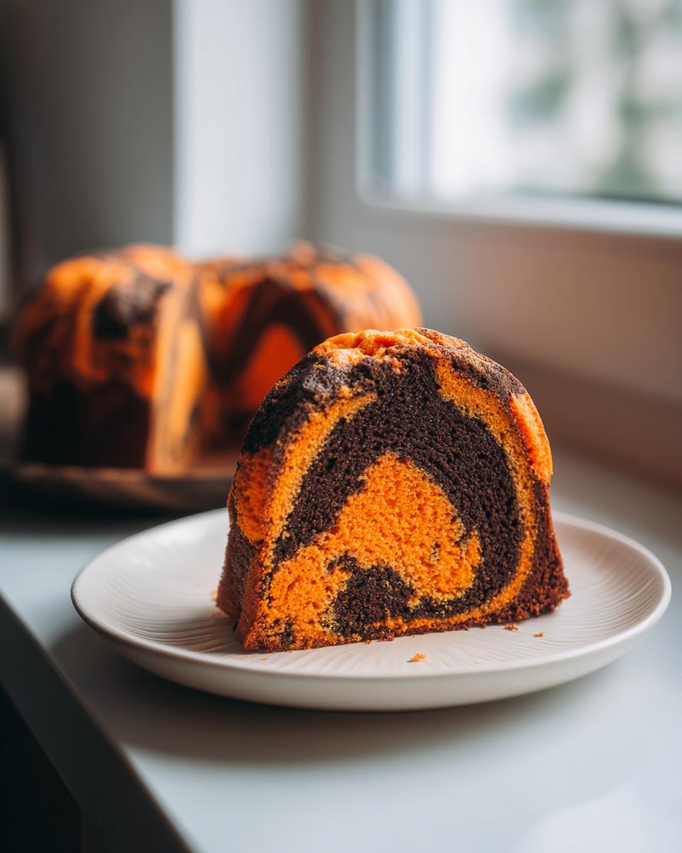 A close-up slice of Orange And Black Halloween Marble Cake showing the vibrant orange and dark chocolate swirl pattern.