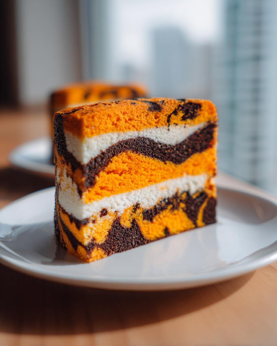 Close-up of a slice of Orange And Black Halloween Marble Cake showing vibrant orange, white, and dark chocolate layers.