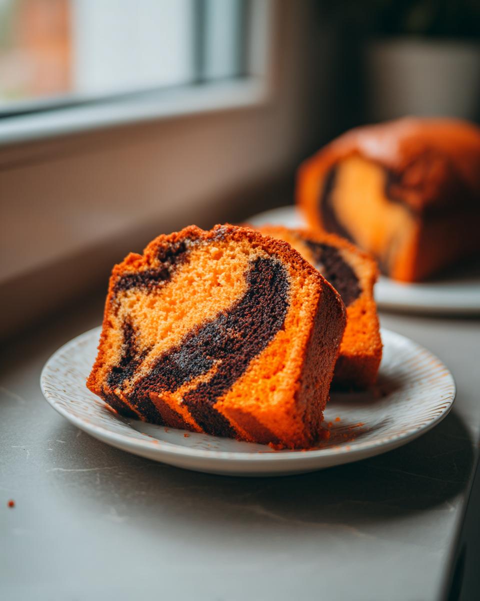 Close-up of two slices of Orange And Black Halloween Marble Cake showing vibrant orange and dark chocolate swirls.