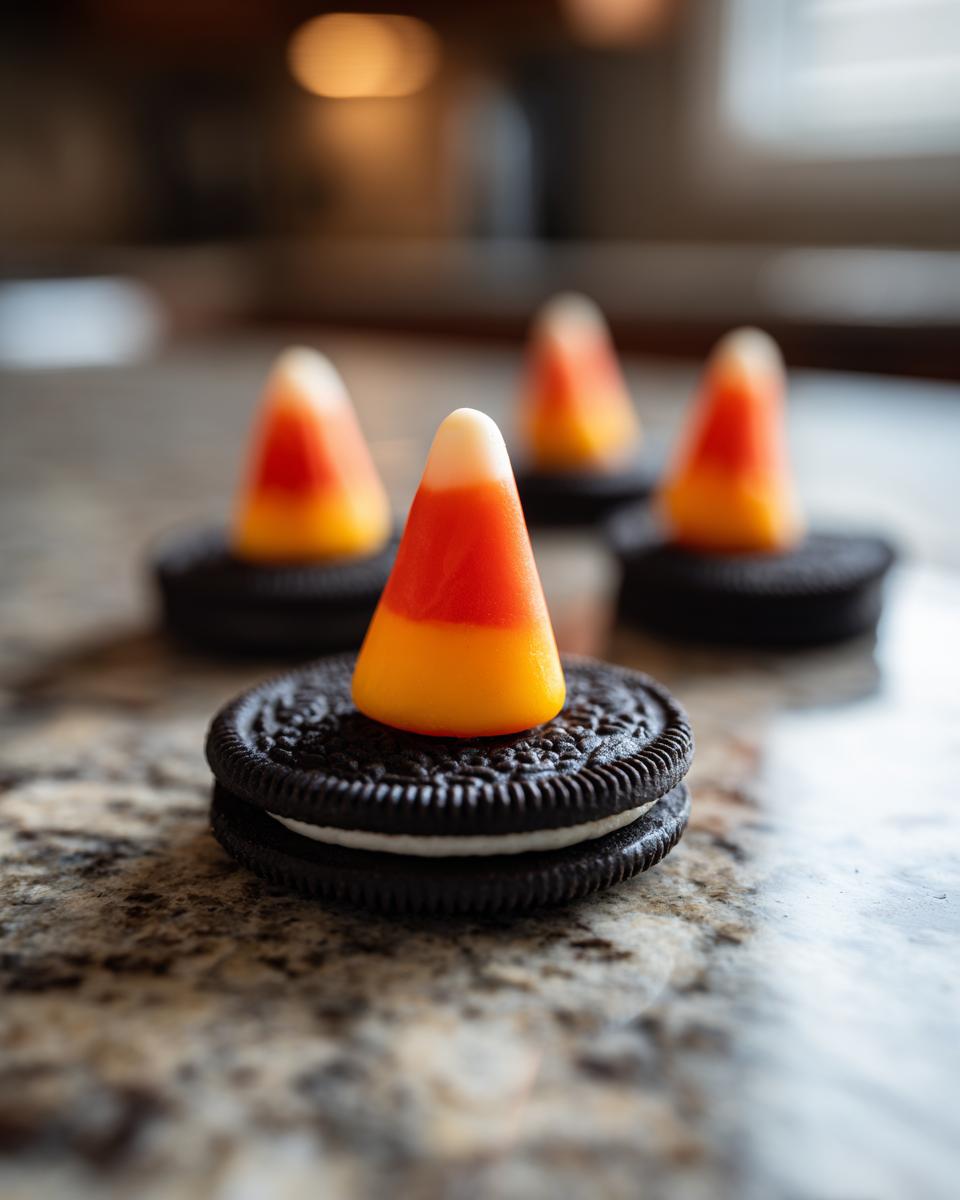 A close-up of one of the Oreo Witch Hat Cookies, featuring a candy corn balanced on two stacked Oreo cookies.