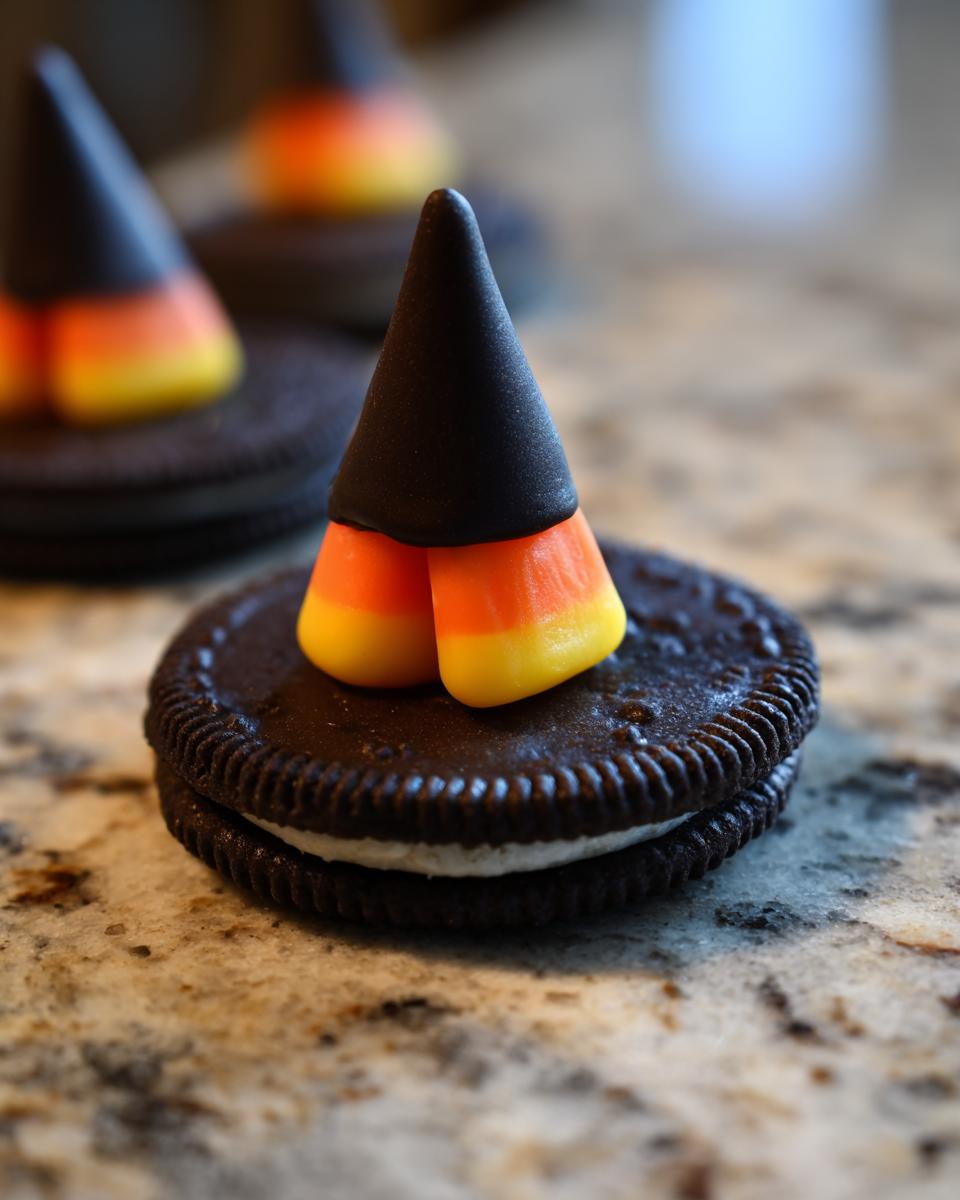 A single Oreo Witch Hat Cookie made with an Oreo, candy corn, and a chocolate kiss on a granite counter.