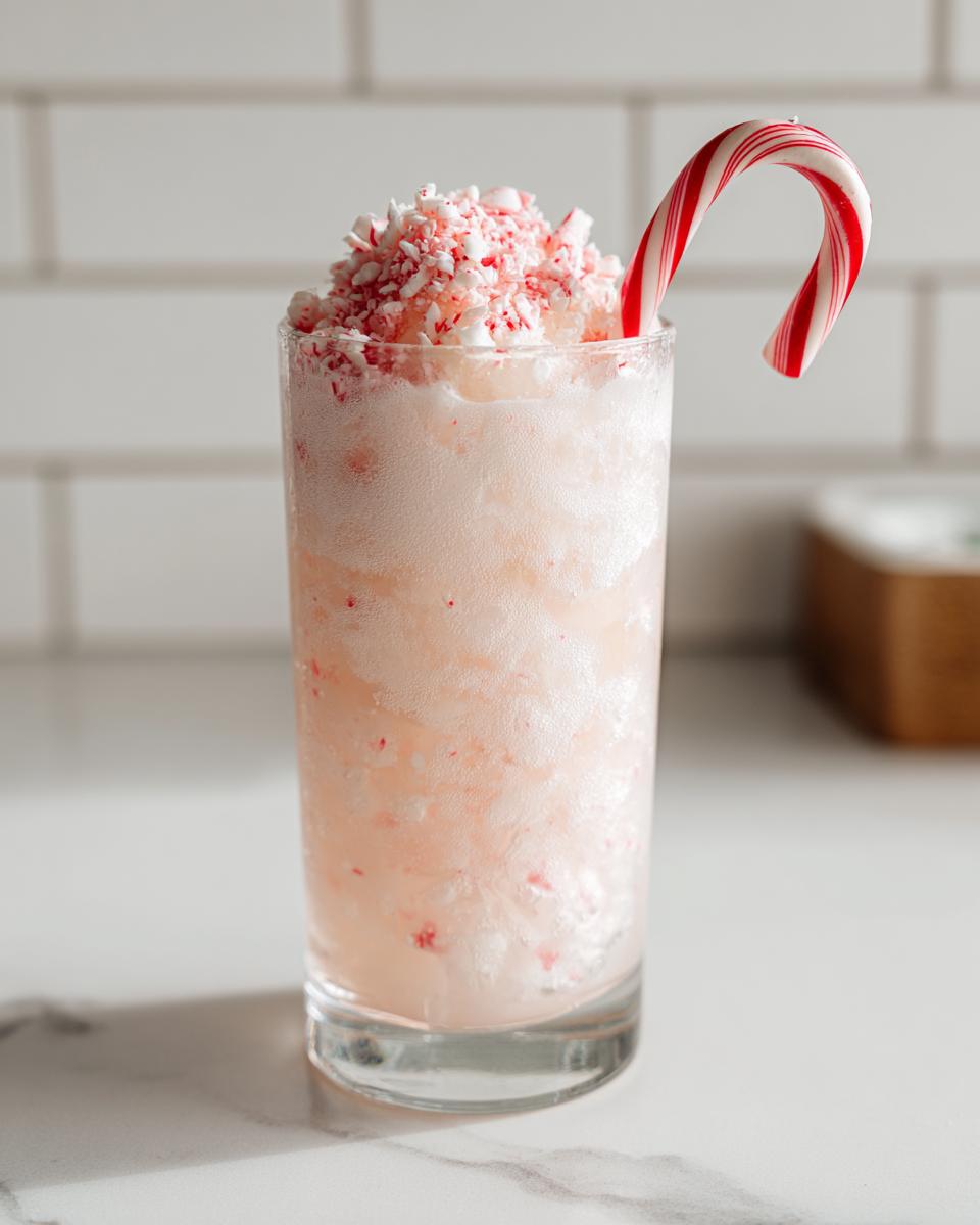A tall glass filled with a light pink, icy Peppermint Christmas Float topped with crushed candy cane.
