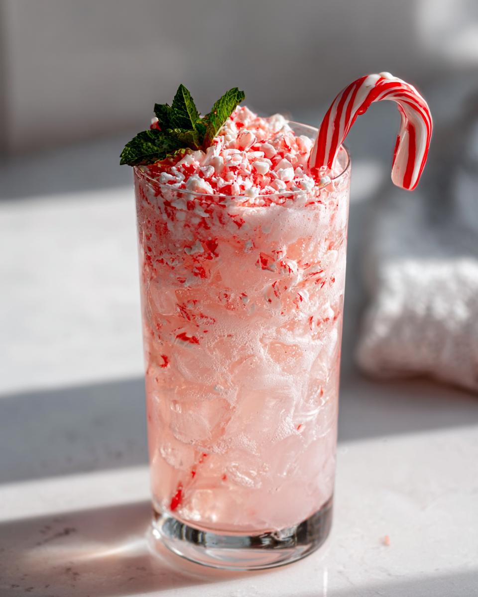 A tall glass filled with a pink, icy Peppermint Christmas Float, topped with crushed candy canes and mint.