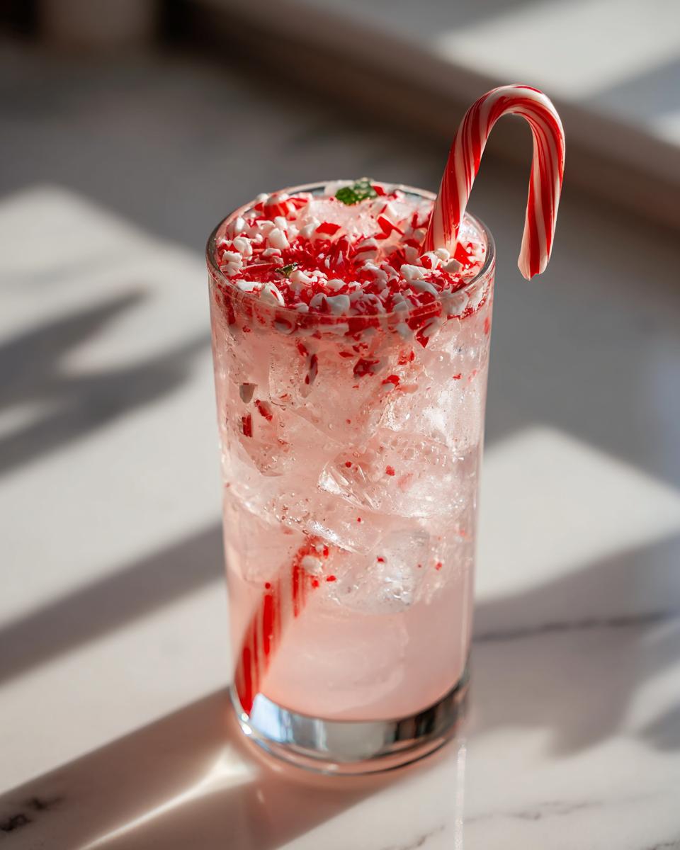 A tall glass filled with a pink Peppermint Christmas Float, crushed candy canes, and ice, garnished with a full candy cane.