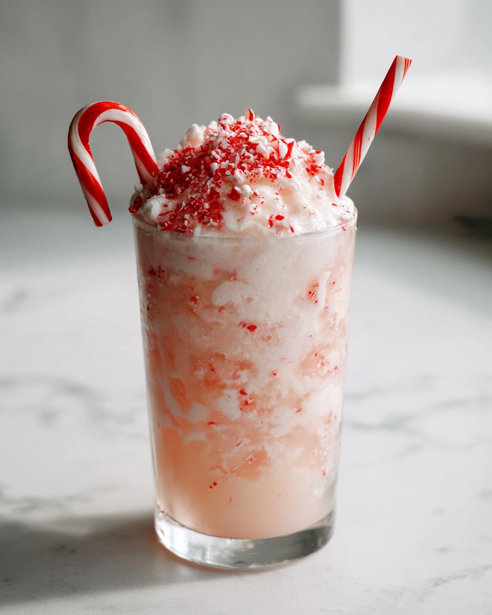 A tall glass filled with a pink and white Peppermint Christmas Float, topped with crushed candy canes and garnished with two candy canes.