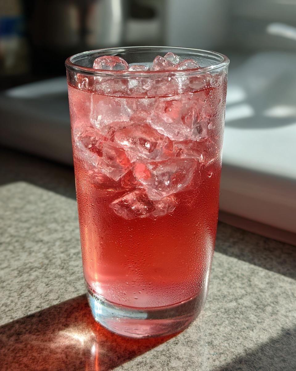 A tall glass filled with a bright red-pink Potion Drink and crushed ice, showing condensation on the outside.