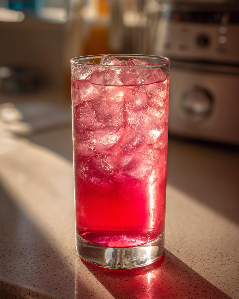 A tall glass filled with a vibrant, fizzy Pink Potion Drink and lots of ice cubes, sitting on a counter in bright sunlight.
