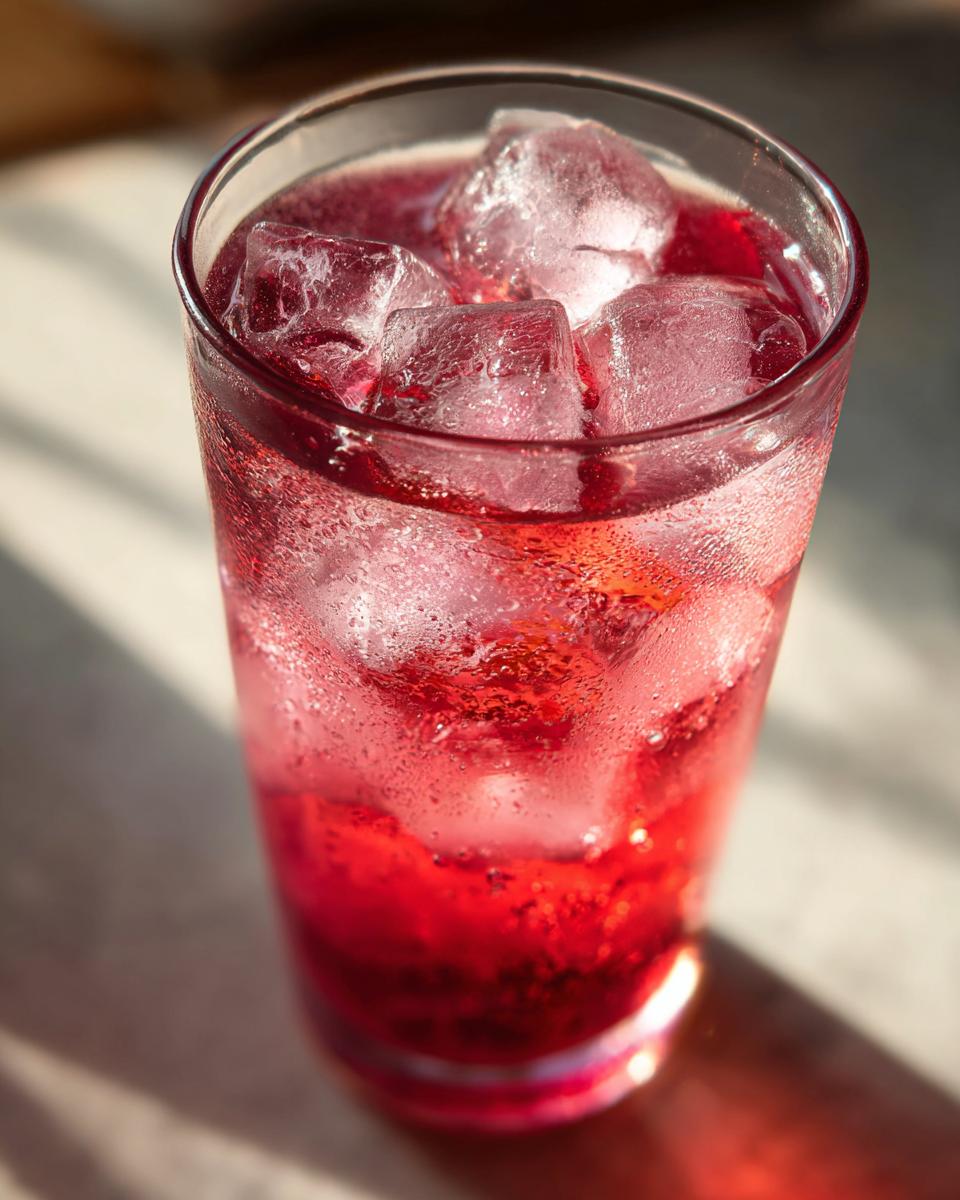 Close-up of a tall glass filled with a vibrant Pink Potion Drink and large ice cubes, showing condensation.