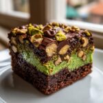 A decadent slice of Pistachio Ferrero Rocher Brownies featuring a dark chocolate base, bright green pistachio layer, and chocolate nut topping.
