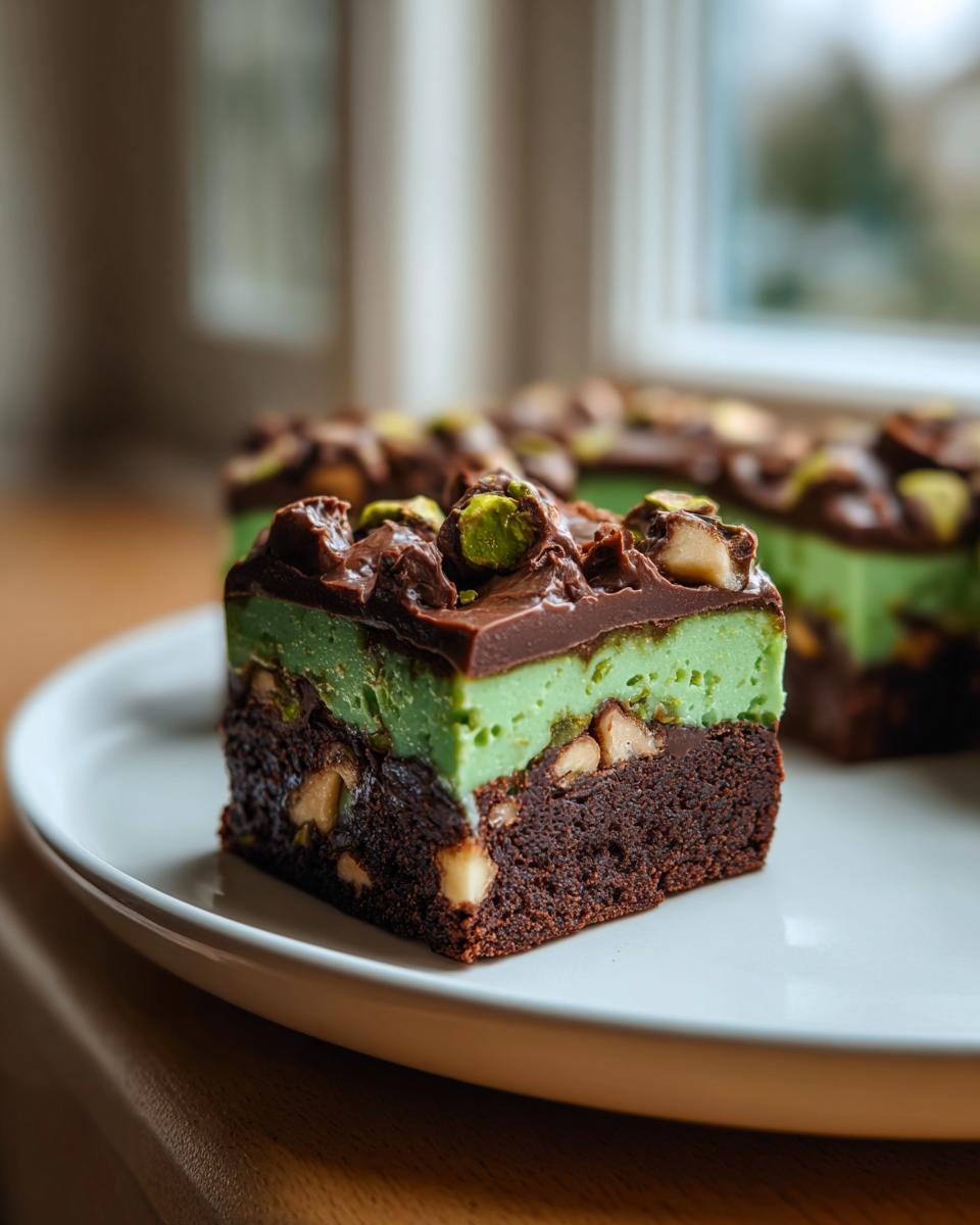 Close-up of a layered Pistachio Ferrero Rocher Brownies slice featuring chocolate, bright green filling, and nuts.