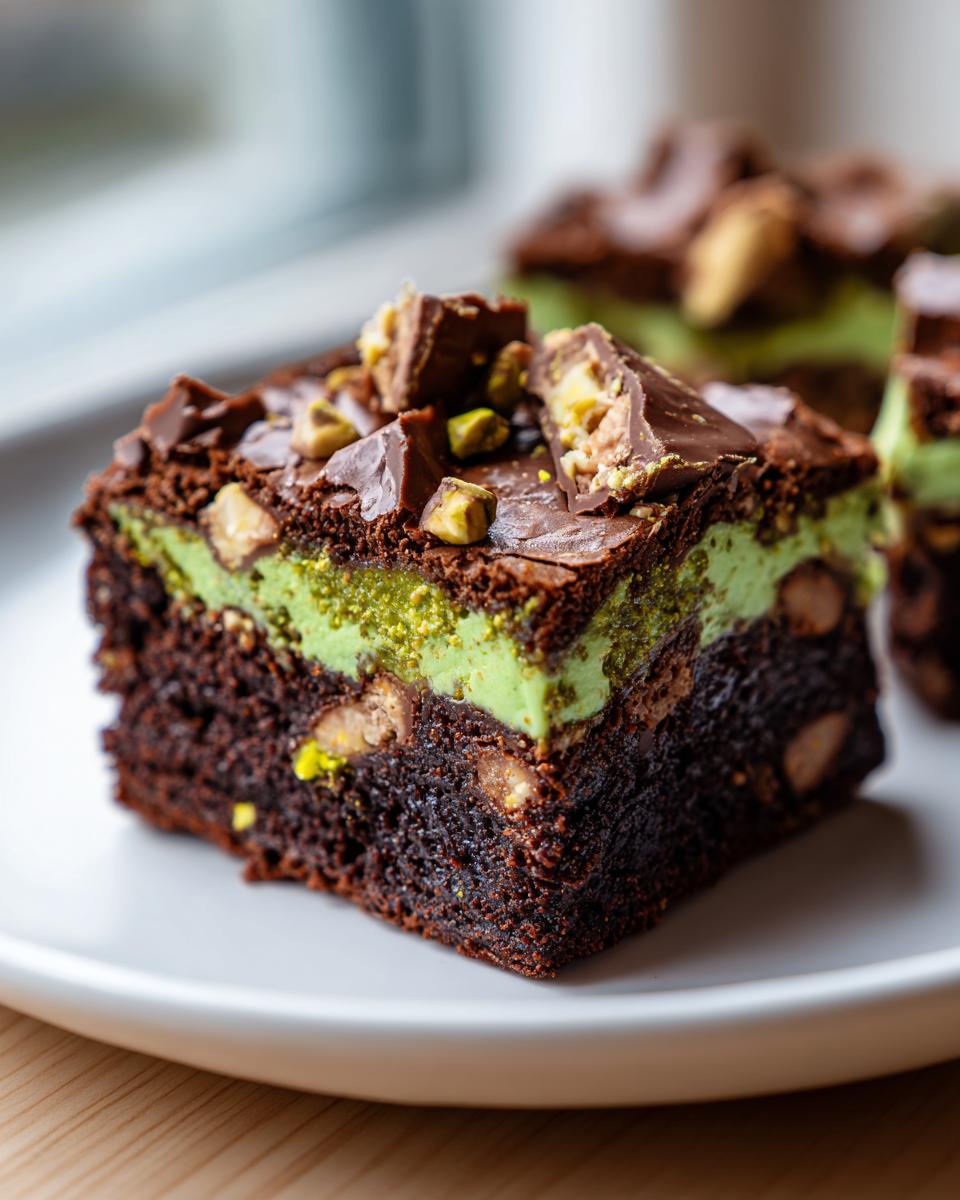 A rich, fudgy slice of Pistachio Ferrero Rocher Brownies featuring a bright green pistachio layer and chocolate topping.
