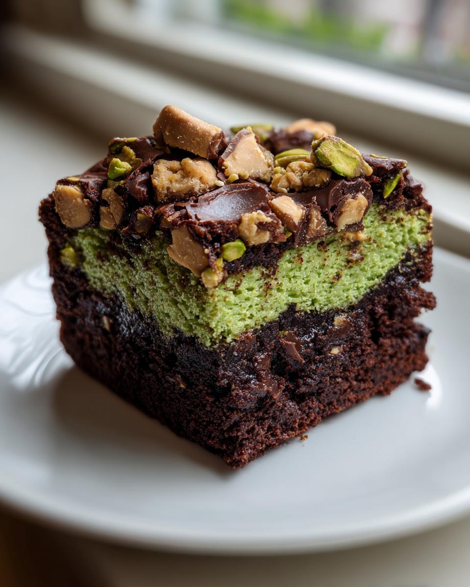 A square slice of Pistachio Ferrero Rocher Brownies with a green layer over dark chocolate base, topped with nuts.